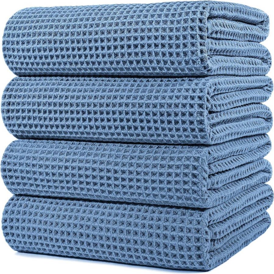 Microvezel badhanddoek pluisvrij en snel drogend wafelstructuur zeer groot blauw 152 x 76 cm 4 stuks