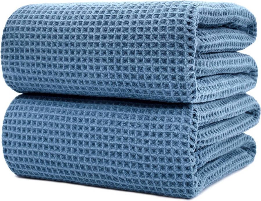 Microvezel badhanddoek pluisvrij en sneldrogend wafelstructuur zeer groot blauw 89 x 178 cm 2 stuks