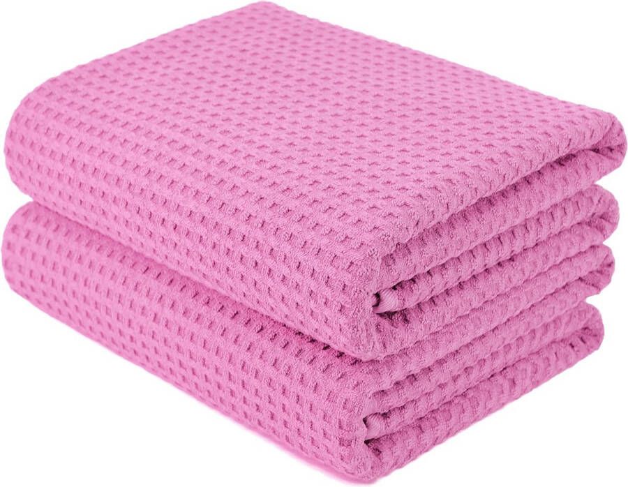 Microvezel badhanddoek pluisvrij & sneldrogend wafelstructuur zeer groot roze 152 x 76 cm 2 stuks