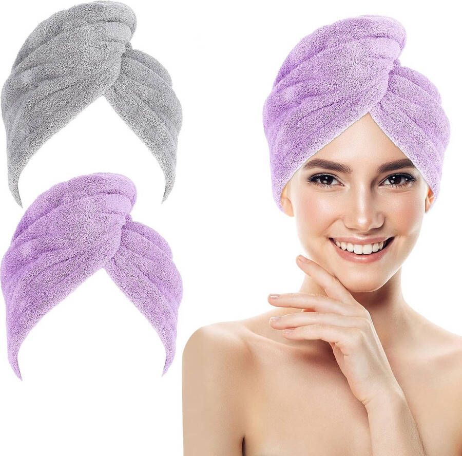 Microvezel haarhanddoek 2 stuks anti-kroezen haarhanddoek met knop haartulbanden voor nat haar super absorberende sneldrogende haar tulband wrap voor het drogen van krullend lang dik haar