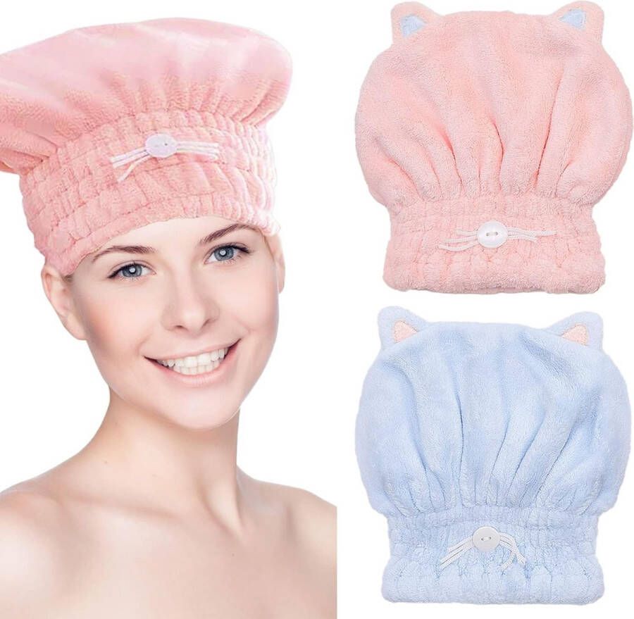 Microvezel haarhanddoek 2 stuks microvezel haarhanddoek met designknop Microvezel handdoek voor krullend haar (blauw en roze)