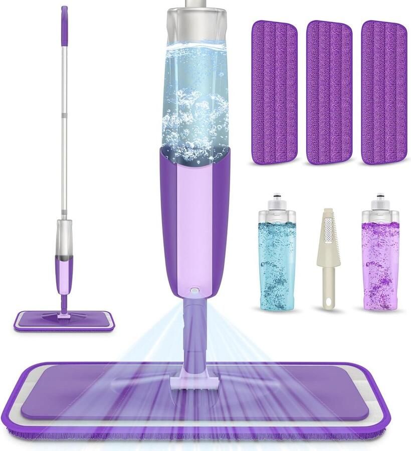 Spray Mop voor vloerreiniging Natte Droge Keuken Vloer Reiniging Microvezel Mop met 2x Hervulbare Flessen 360° Draaibare Hardhouten Mop voor Laminaat Houten Tegels 3x Herbruikbare Pads Duurzaam Aspect Mop