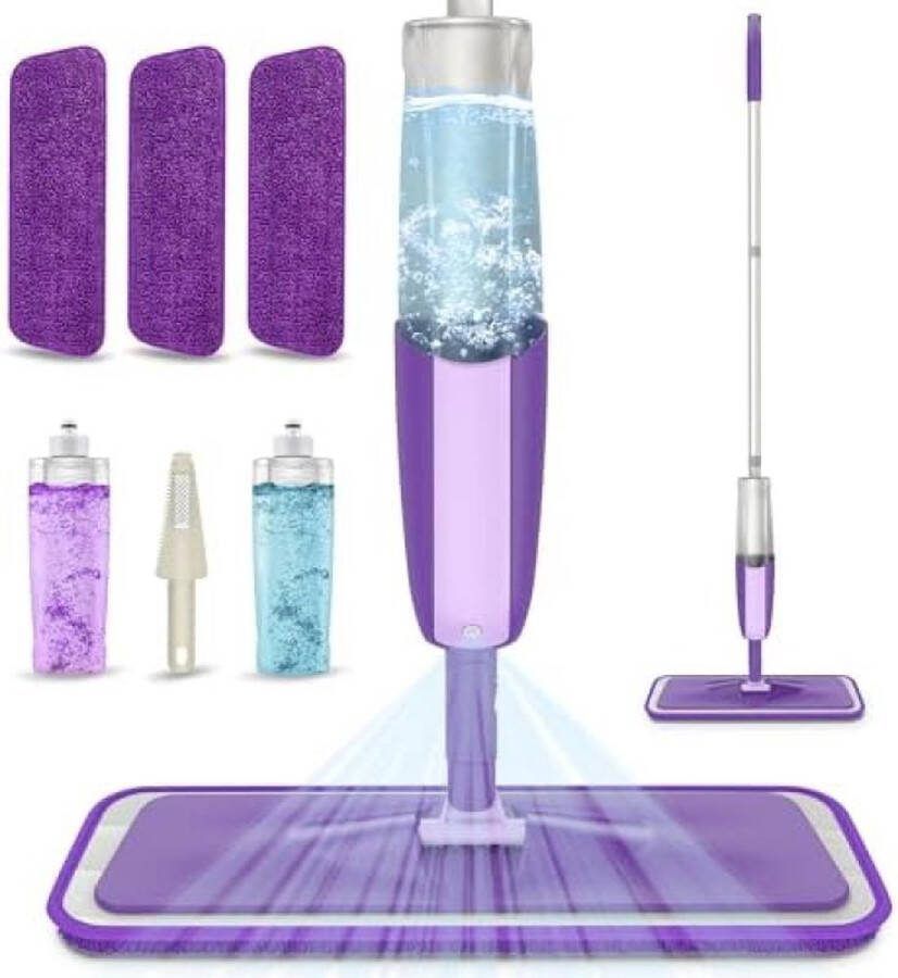 Microvezel Spray Mop voor vloerreiniging Natte Droge Keuken Vloer Reiniging Mop met 2x Hervulbare Flessen 360° Draaibare Hardhouten Mop voor Laminaat Houten Tegels 3x Herbruikbare Pads en 1