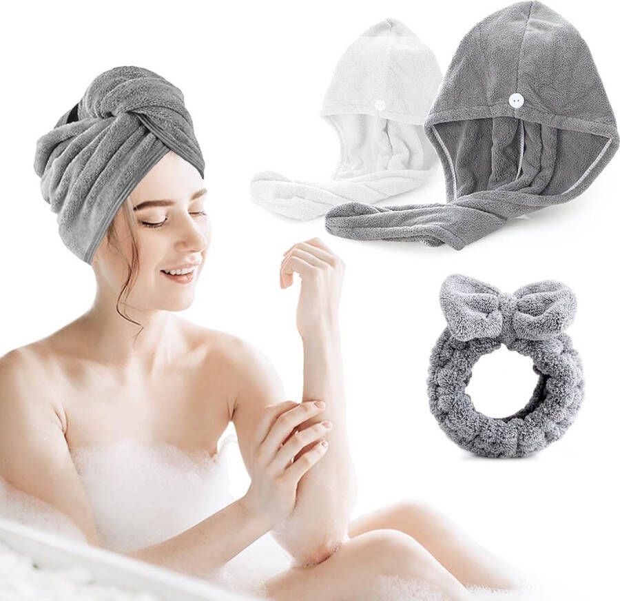 Microvezel Tulband Haartulband Microvezel Tulband Handdoek met Knop Super Absorberende Hoofddoek Droge Haarhanddoek voor Alle Haartypes 2 + 1 Hoofdband Set