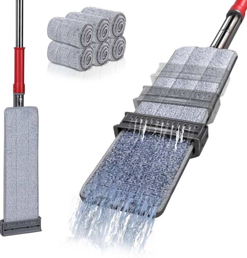 Microvezel vlakmop 132 cm vloermop met 6 herbruikbare microvezelpads dweil met wringfunctie voor het reinigen van hardhout tegels laminaat marmer grijs + rood