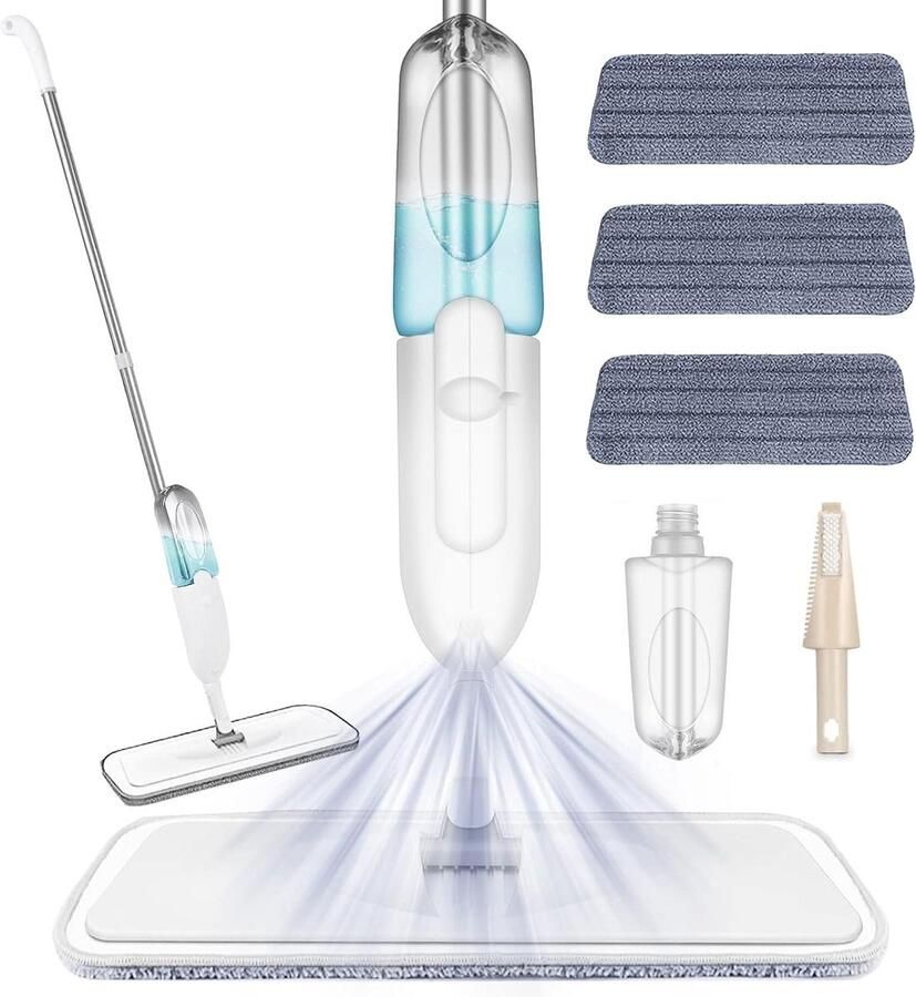 Microvezel Vloerdweil met 3 Pads en 500 ml Navulbare Fles Vloerreiniging Spray Floor Mop Cleaner Marmer Hardhout Tegels Laminaat Keramische Vloeren Wit 125 cm