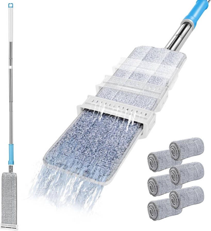 Masthome Microfiber Mop Flat Mop with Built-in Eating Sorting Floor Mop with 6 Mops Reusable for Hardwood Laminate Tile Floor Cleaning