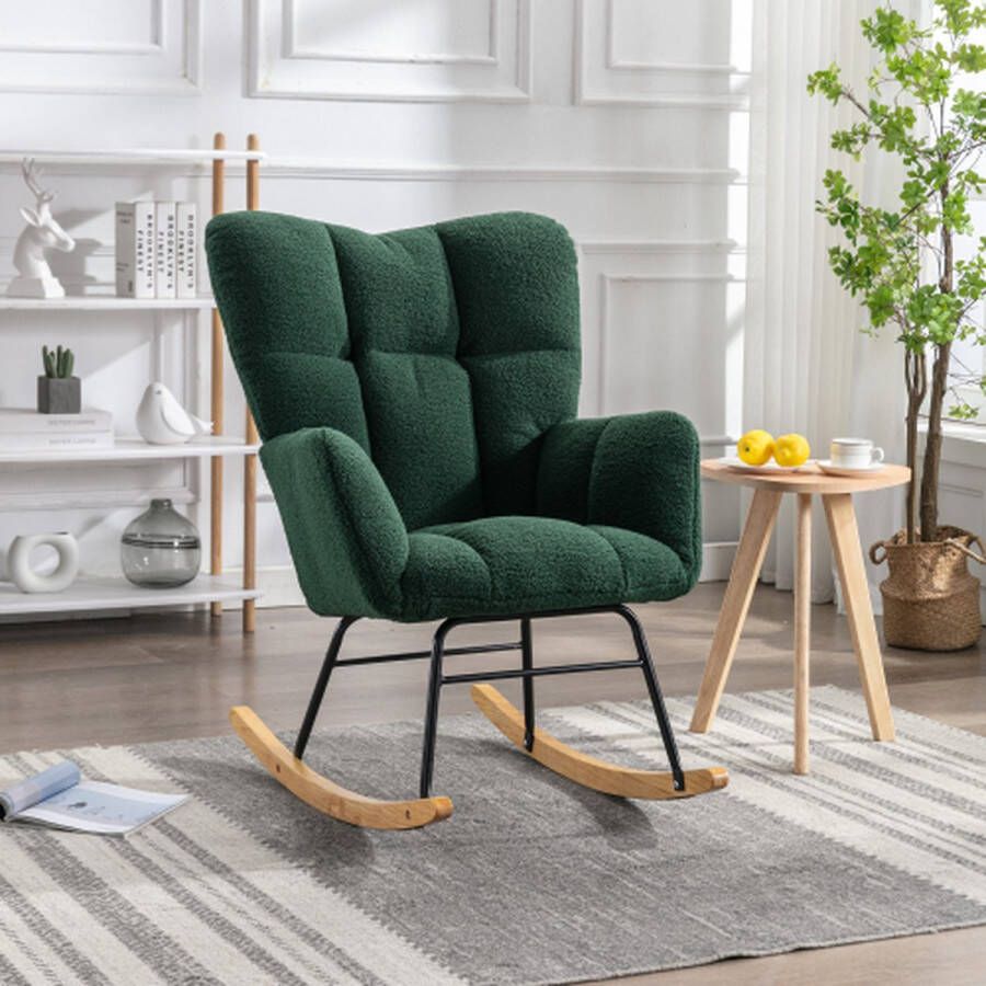 Mid Century moderne teddystof getuft gestoffeerde schommelstoel gewatteerde zitting voor woonkamer slaapkamer groen