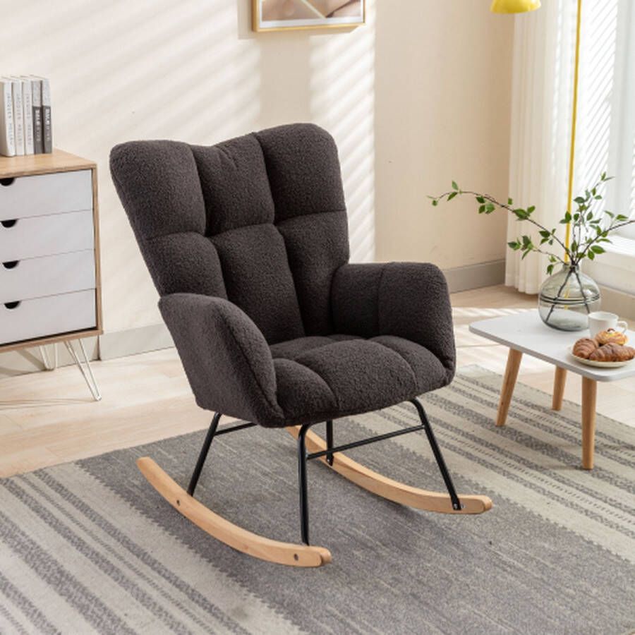Mid Century moderne teddystof getuft gestoffeerde schommelstoel gewatteerde zitting voor woonkamer slaapkamer donkergrijs