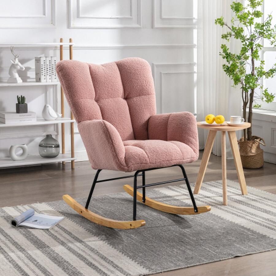 Mid Century moderne teddystof getuft gestoffeerde schommelstoel gewatteerde zitting voor woonkamer slaapkamer roze