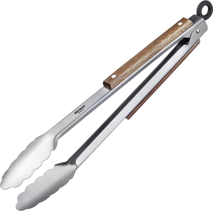Middellange barbecue barbecuetang serveertang van roestvrij staal met hout lengte: 31 cm roestvrij staal hout Classic Wood Midi zilver bruin