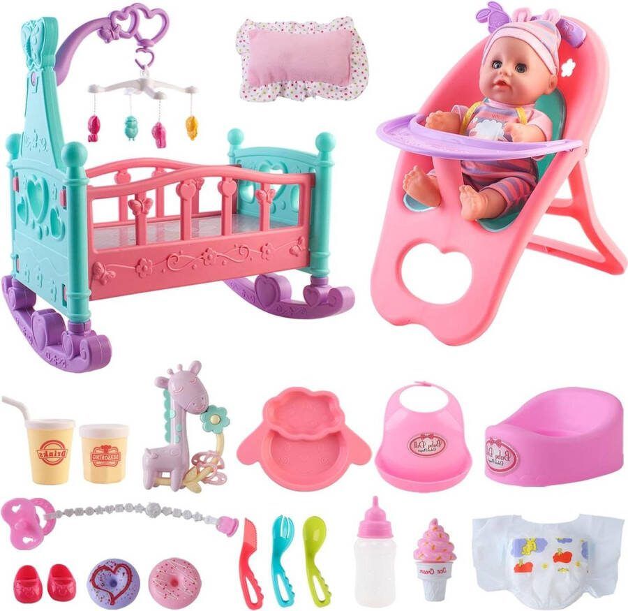 Mijn eerste babypop speelset 14-inch inclusief miniatuur wieg mobiel kinderstoel voedingsaccessoires poppenstoel