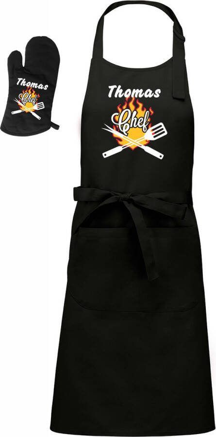 Kariban Mijncadeautje BBQ-schort Chef met voornaam zwart XXL 97 x 68 cm gratis BBQ- handschoen