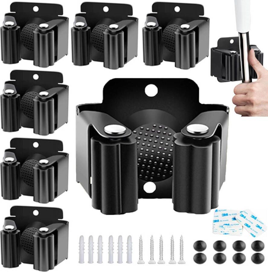 Mikqky Pack of 6 Black Broom Holders Pore-free Mop Holder Wall Mounted Mop Holder Stainless Steel Mop Holder with Screws and Double-Sided Adhesive Suitable for Kitchen Garden Warehouse