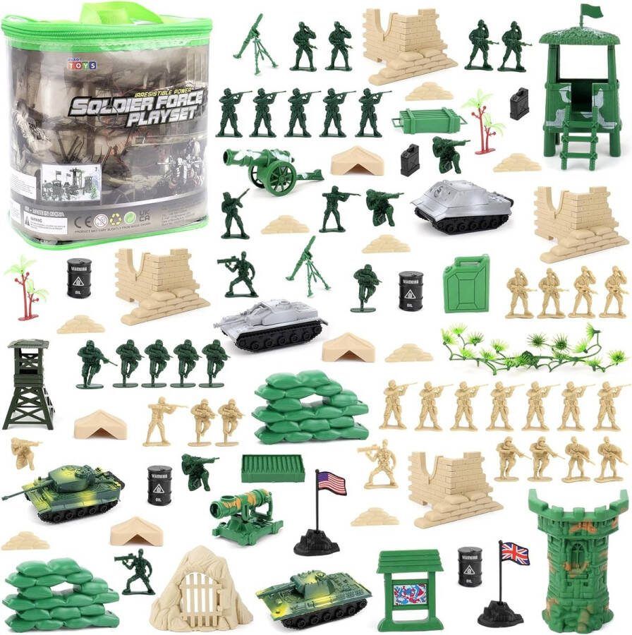 Militaire Speelset 100x stuks met Toy Soldaten; Militaire Cijfers; Tanks; Vliegtuigen; Vlaggen; Draagkoffer en Slagveld Accessoires