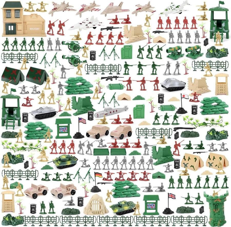 Militaire speelset 303x stuks met speelgoedsoldaatjes; Militaire figuren; Tanks; Vliegtuigen; Vlaggen; Draagtas en Slagveld-accessoires