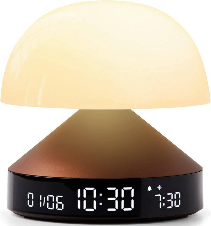 MINA Sunrise Lichtgevende ochtendwekker dageraad en schemersimulator 5 natuurlijke geluiden led-nachtlampje en lichttherapie brons [Energieklasse A+] Draadloze Oplader Wake-up Light Wekker