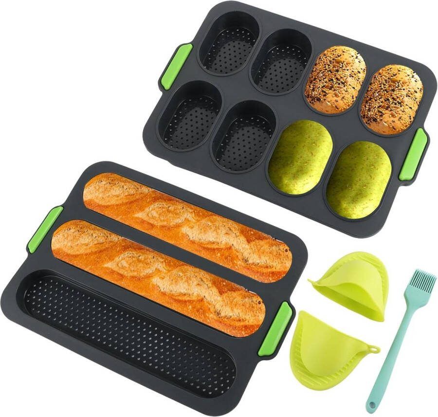 Mini-baguette bakplaat siliconen grijze muffinvorm set van 2 met solatiehandclips en oliekwast