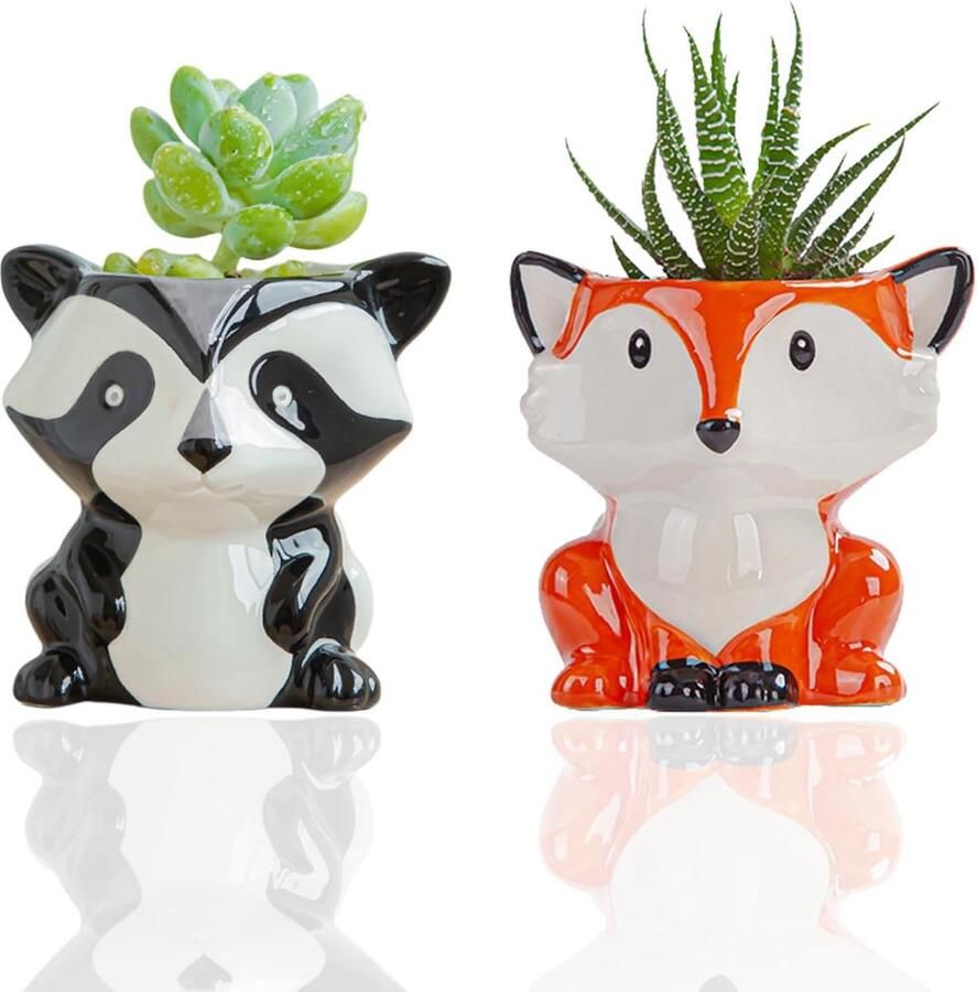 Mini-bloempotten Keramische bloempot Keramiek Keramische vetplantenpotten Kawaii bloempotten Leuke tuinbloempot voor vetplanten Thuiskantoor Bureau Plank Raamdecoratie (Civetvorm Vosvorm)