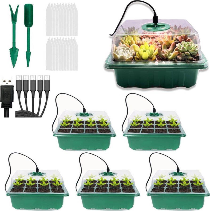 Mini-broeikas verwarmde kweekkas vensterbank set met kunststof kweekpotten tuingereedschap ideaal voor het kiemen van planten 5 stuks led Kweekbak