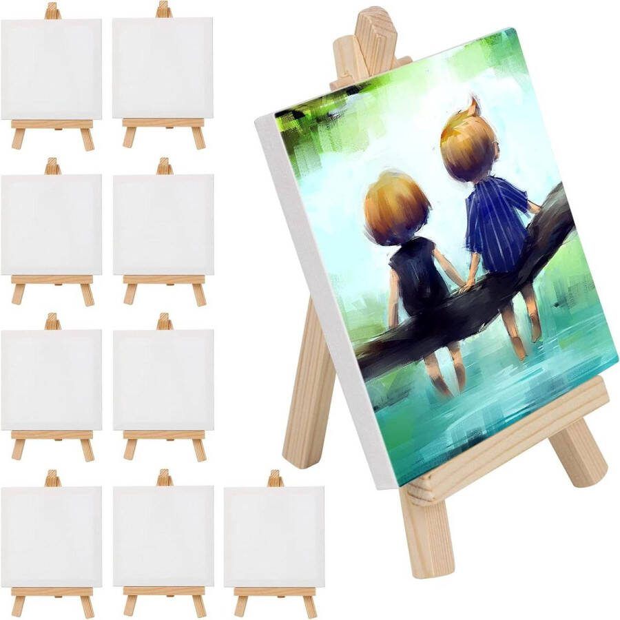 Mini-canvas 10-delige set met schildersezel 100% katoen acryl- en olieverfschilderijen klein canvasdoek 10 x 10 cm schilderen en knutselen