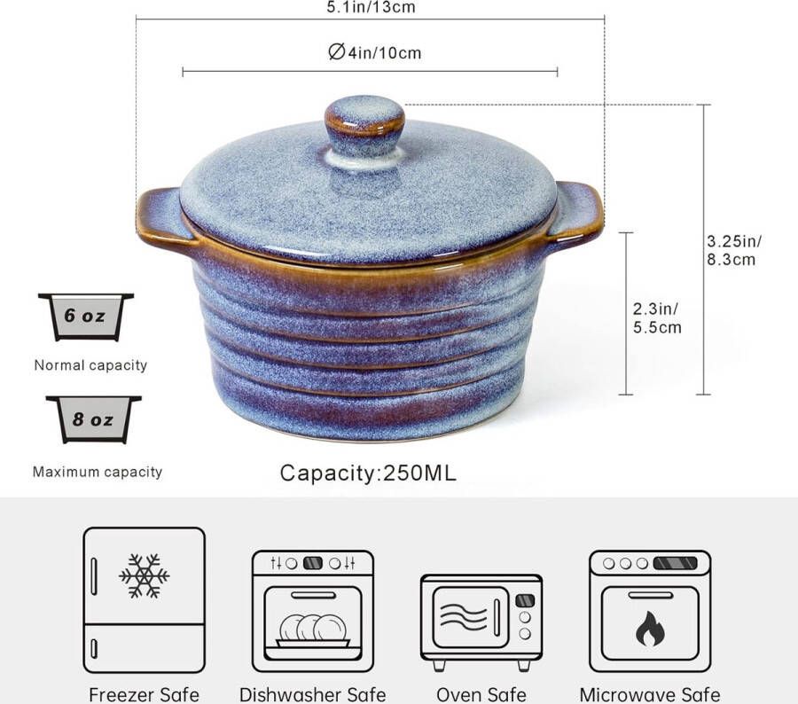 Mini Cocotte Ovenschotelvormen van aardewerk 4-delige souffle vormpjes met deksel kleine ovenschaal diameter 10 cm 250 ml oven vaatwasser beschikbaar