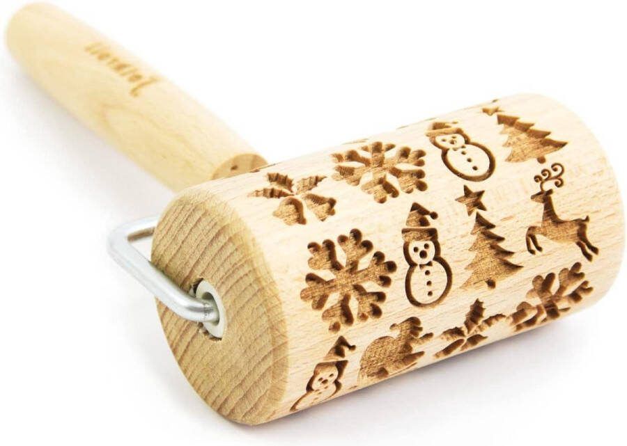 Mini deegroller met gravure kerstmotieven sneeuwvlok rendieren dennen sneeuwpop beukenhout 190 x 100 x 55 mm