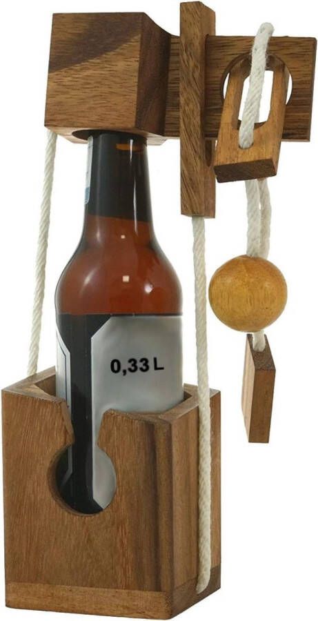Mini flessenkluis extra voor kleine flessen flessensap flessenknijder denkspel puzzelspel geduldspel logicaspel van fijn hout in klein formaat uitvoering