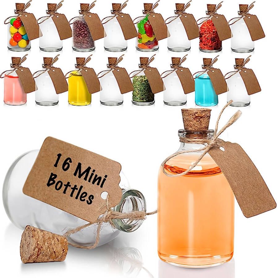 Mini Glasflaschen mit Korken für Hochzeitsdekorationen und Feiern 50ml Glasflaschen mit mini Etiketten und Schnur (16 Pack)