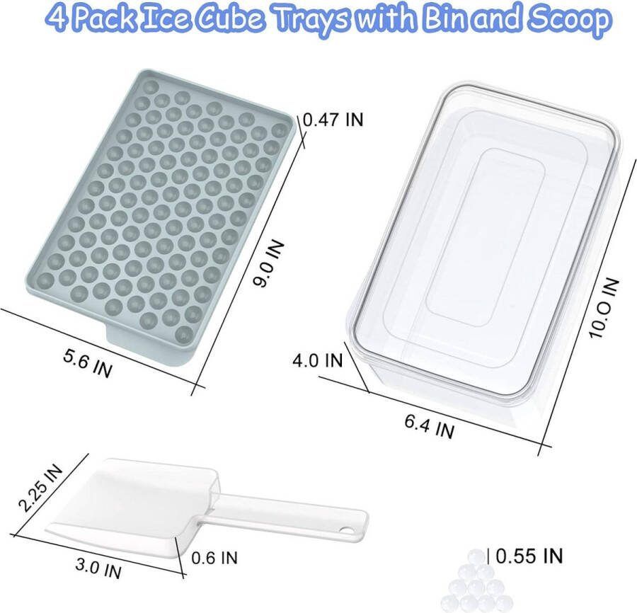 Mini ijsblokjesbakjes voor vriezer Gemakkelijke ontgrendeling 4 stuks Bolvormig Met bak en schep Verpletterende dranken Koffie Cocktail Ice cube tray