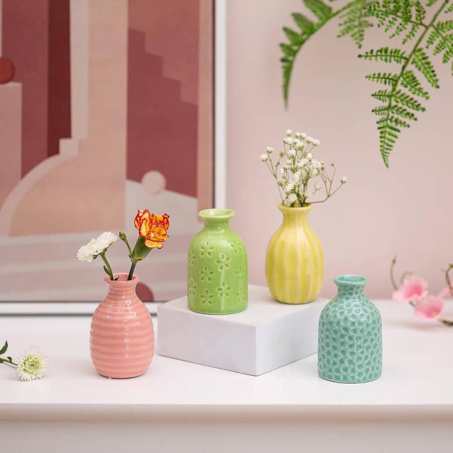 Mini keramische bloemenvaas: moderne kleine vaas set met 4 bud vazen voor bloemen voor thuis woonkamer tafeldecoratie bruiloftsfeest 7 5 cm (blauw groen geel roze)