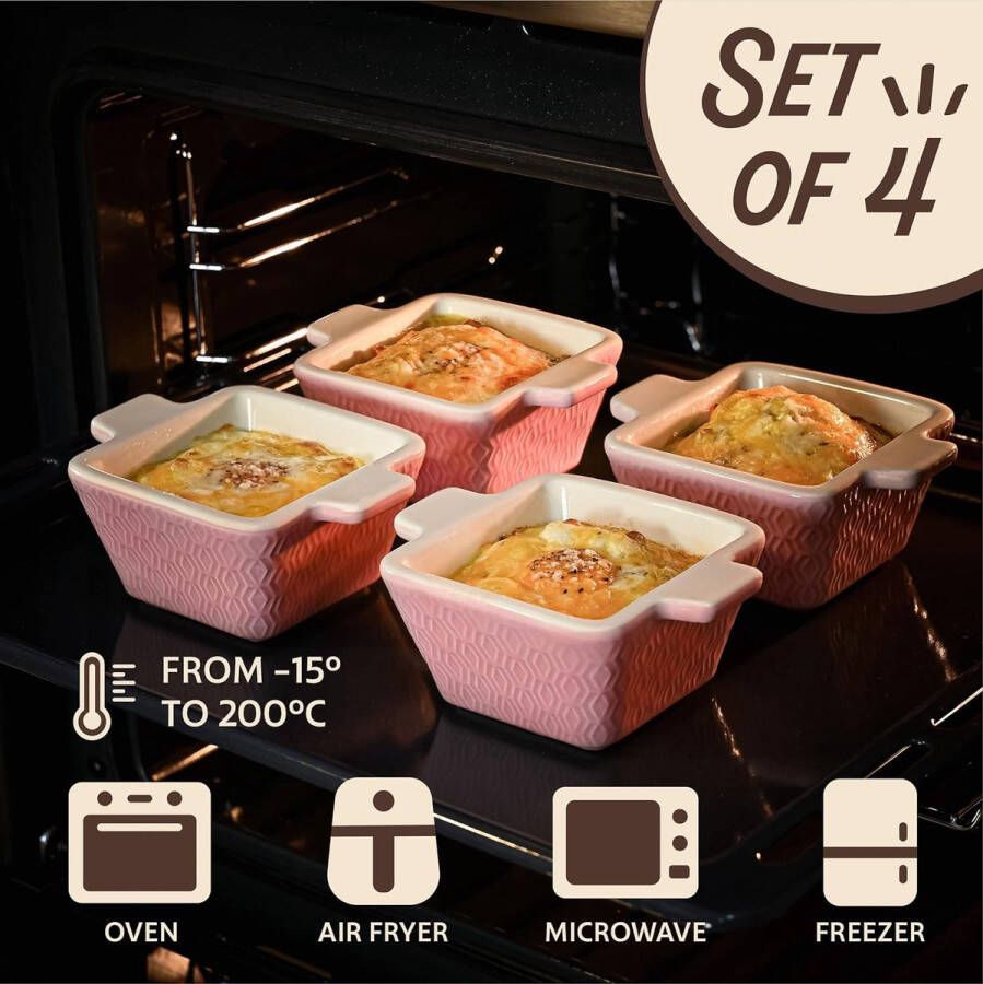 Mini keramische ovenschaal set van 4 Stapelbaar Kras- en snijbestendig Geschikt voor oven & airfryer Vaatwasmachinebestendig Roze