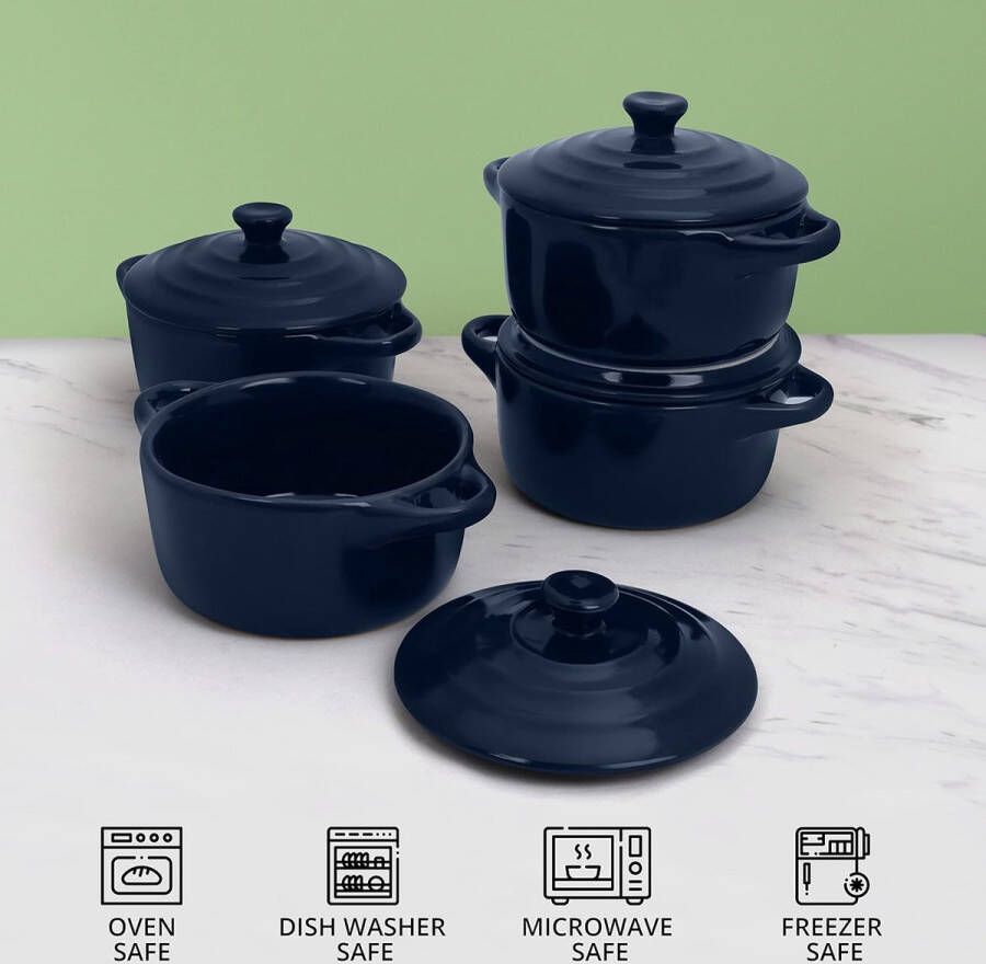 Mini-Keramische Stoofpot Oven Veilige Pannetjes met Deksel (4 Pak) – 170 ml Rond Blauwe Schotels Steenwaren Ramequins met Deksels en Handvatten voor Bakken Souffle Creme Brulee & Lasagne