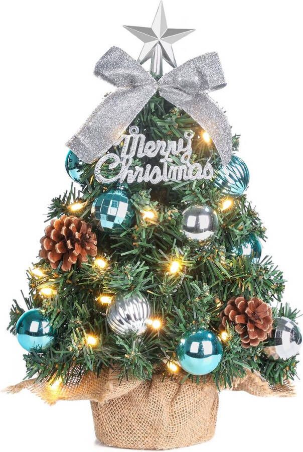 Mini-kerstboom Kleine kerstboom met verlichting led tafelkerstboom klein kunstmatig versierd voor kerstdecoratie 40 cm (blauw met zilver)