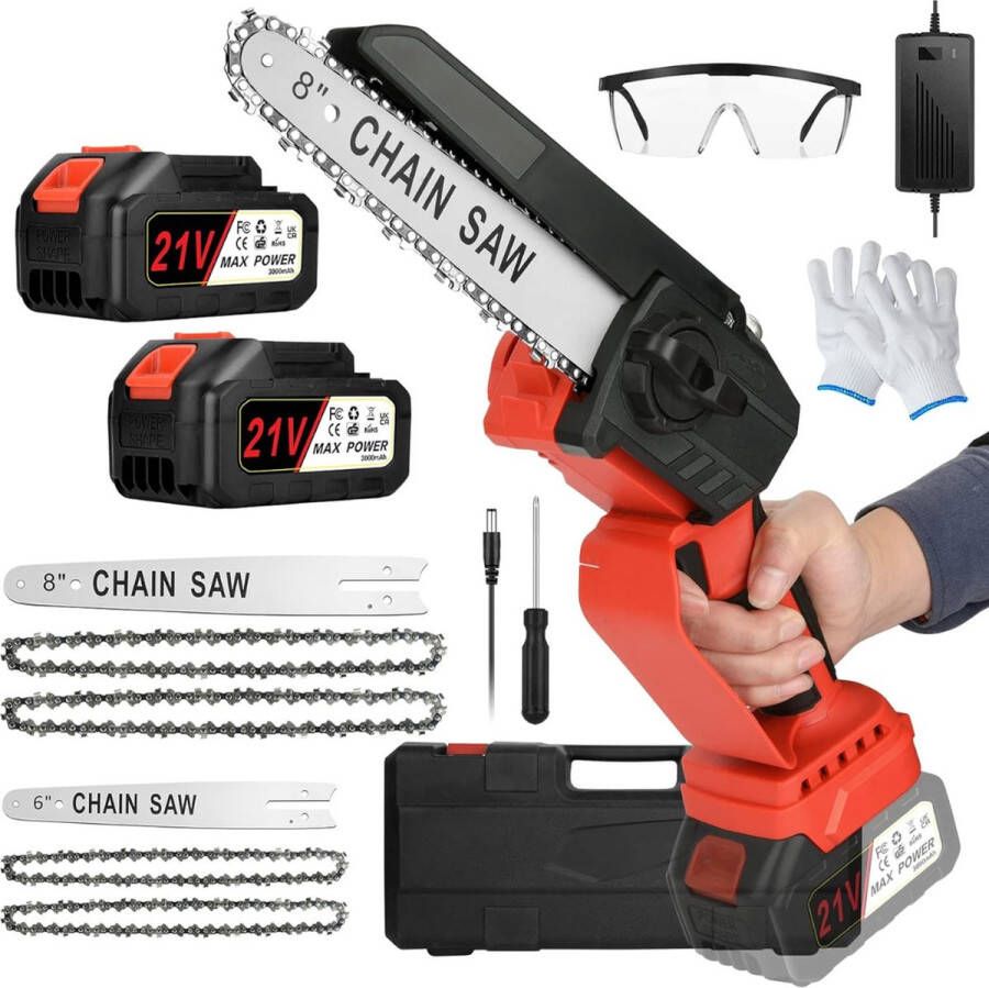 Mini Kettingzaag incl. 2 Accu's en accessoires 8 Inch zaag 750W 3000 mAh Handzaag Takkenzaag