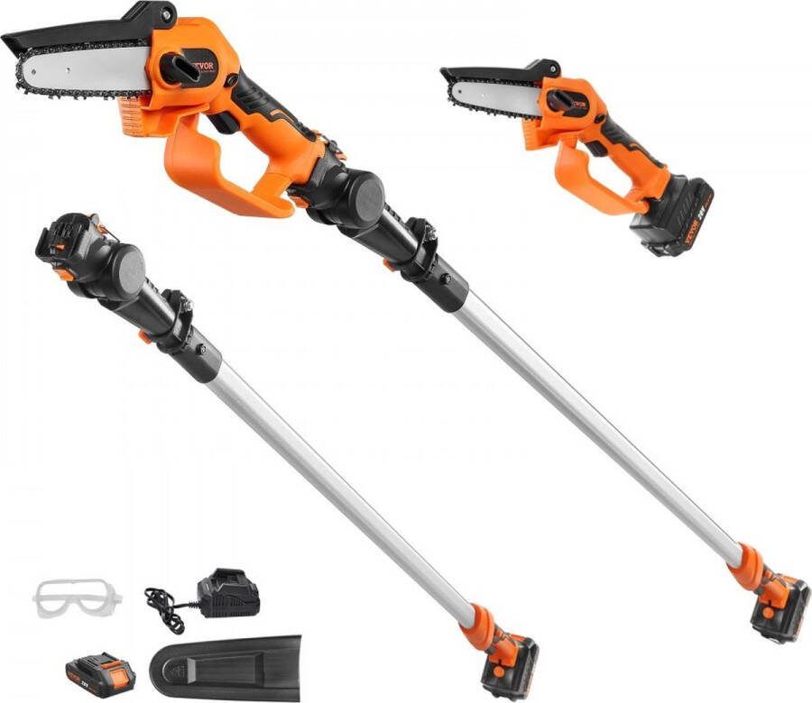 Mini-kettingzaag met accu 20V 2Ah borstelloze motor 2 in 1 accu-snoeier 22.000 tpm kettingzaag elektrische telescopische heggenschaar snoeizaag met telescoopsteel Verlenglengte tot 2 43 m
