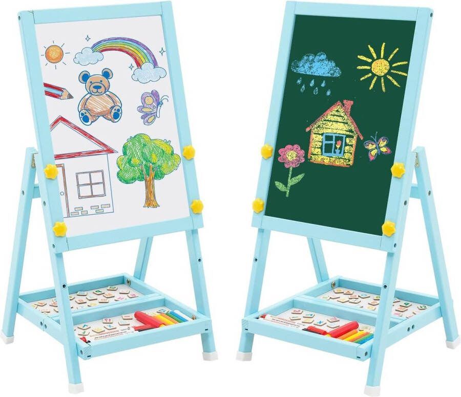 Mini Kinderbord blauw dubbelzijdig whiteboard en schoolbord kinderezel met krijtjes Art Easel