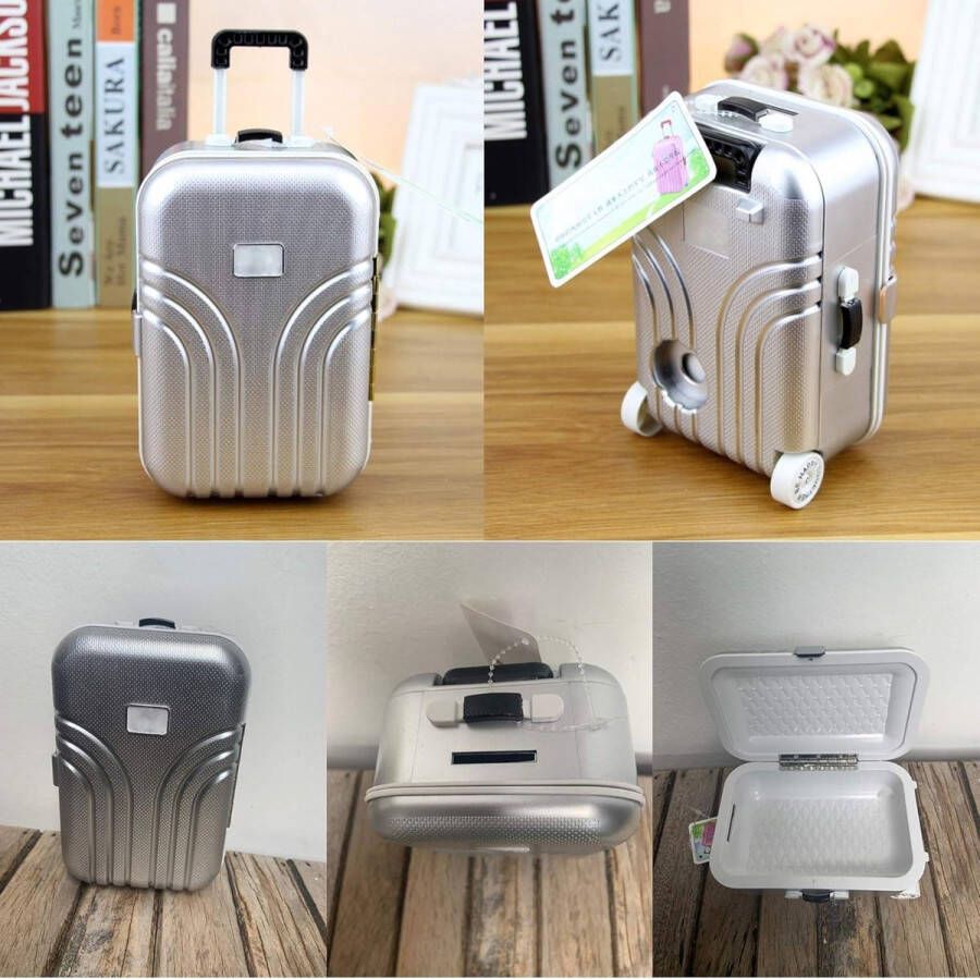 Mini Kleine Trolley Bagage Spaarpot Moderne Desktop Decoratie Simulatie Reiskoffer van ABS Kunststof Leuke Reiskoffer Zilver 16 x 105 x 7 cm spaarpot volwassenen