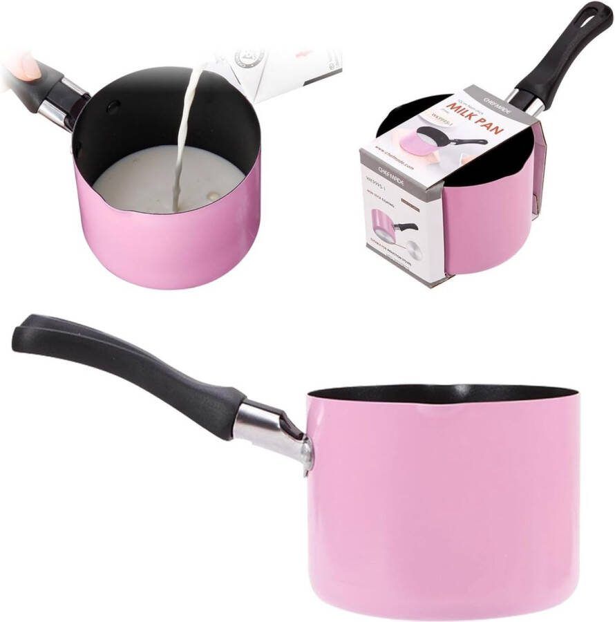 Mini-kookpot met handvat 550 ml 10 cm kleine melkpan boterwarmer met antiaanbaklaag mini-soeppan melksmeltpan met twee schenktuiten (roze)