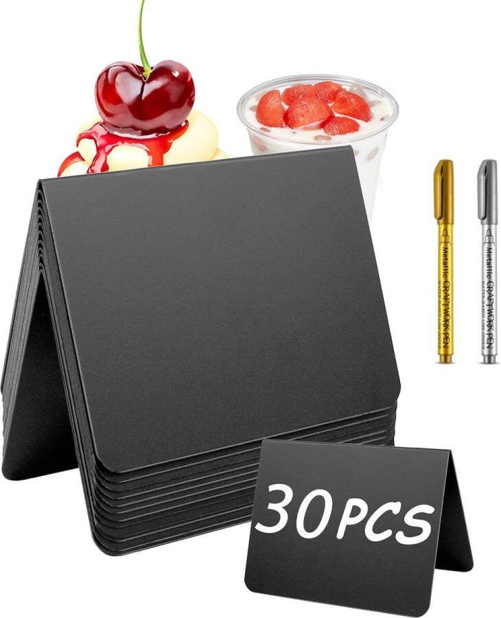 Mini Krijtbord Set Mini Krijtbordjes 30 Stuks Prijskaartjes Mini Krijtbordjes van Plastic Herbruikbaar met 2 Pennen Mini Zwarte Bordjes voor Prijsweergave Eettafel Bruiloft Voedsel