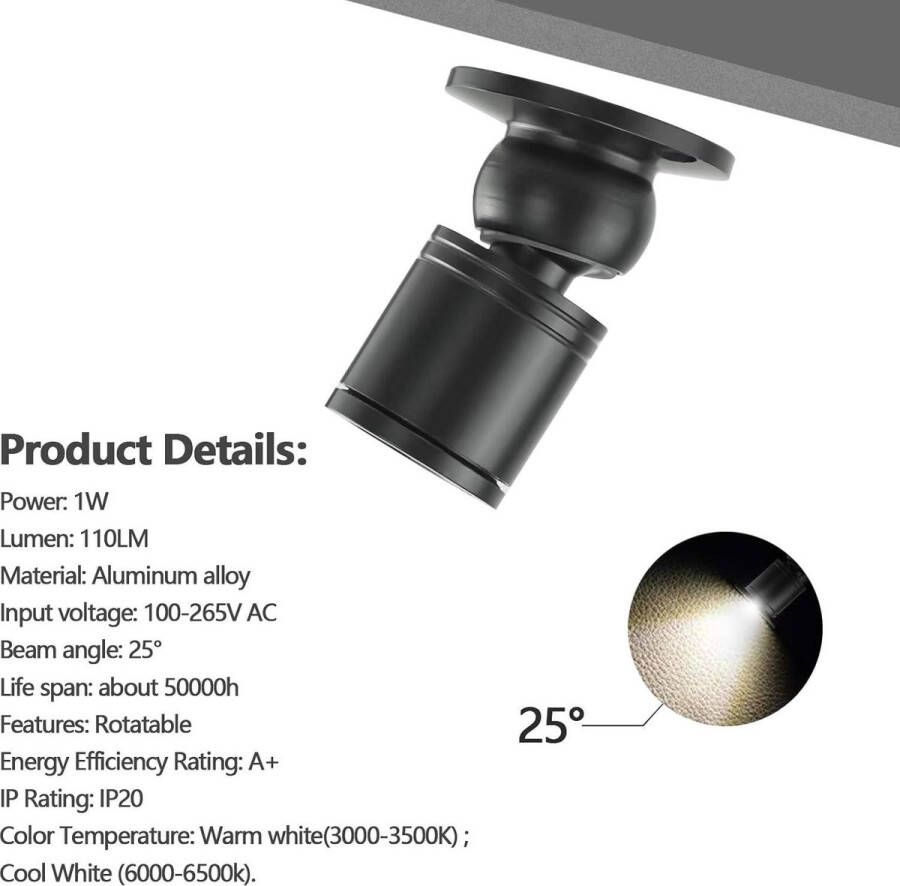 Mini led inbouwspots 1 W draaibare plafondspot transformer wijnkast kast keuken 10 stuks 100-265 V AC zwart warm wit energieklasse A+