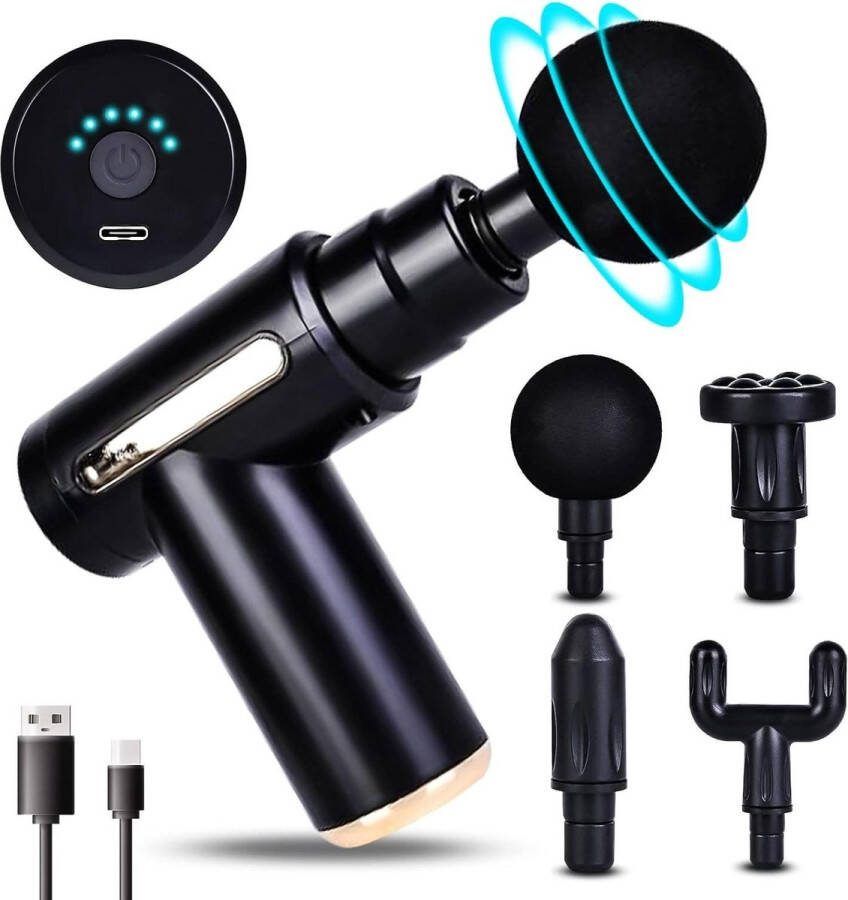 Mini massagepistool spiermassage draagbaar met 6 snelheden USB C opladen 4 massagekoppen 40 dB stil