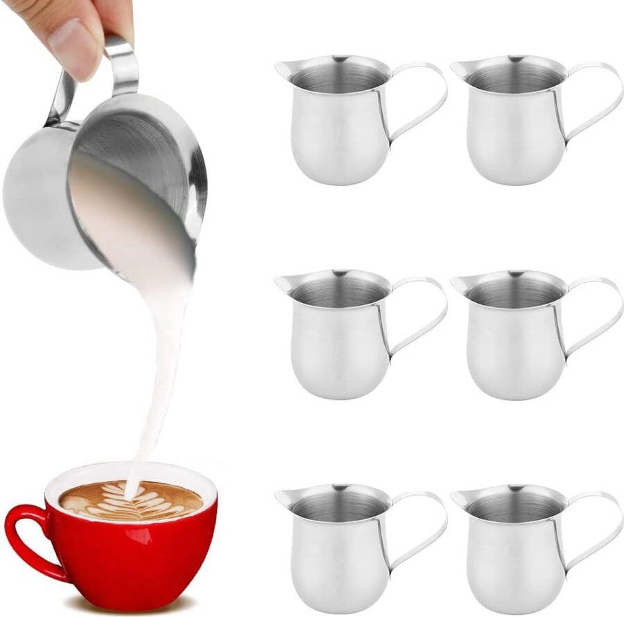 Mini-melkkannetje 6 stuks kleine kannetjes roestvrij staal 90 ml sausbeker serveerpu brede halsbel melkkannetje met handvat voor koffie