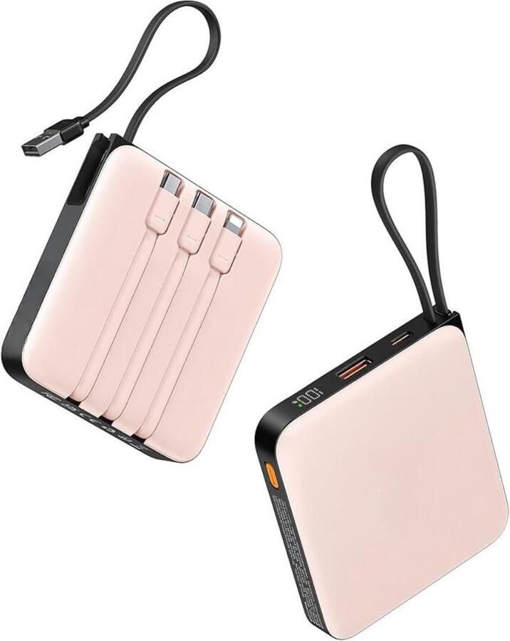 Mini Powerbank USB-C Snellader LED-Display Draagbare Oplader Ingbouwde Kabels 20000mAh