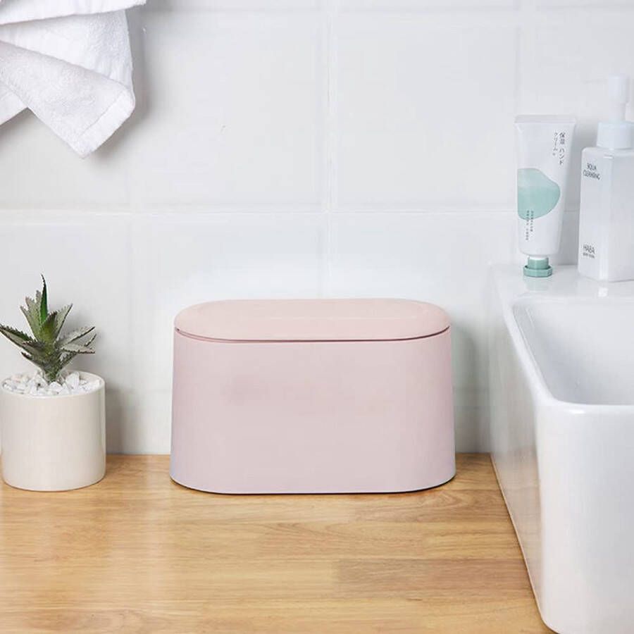 Mini prullenbak met deksel cosmetica prullenbak tafelprullenbak klein voor make-up houder wastafel badkamer tafelblad bureaublad badkamer-werkblad (roze)