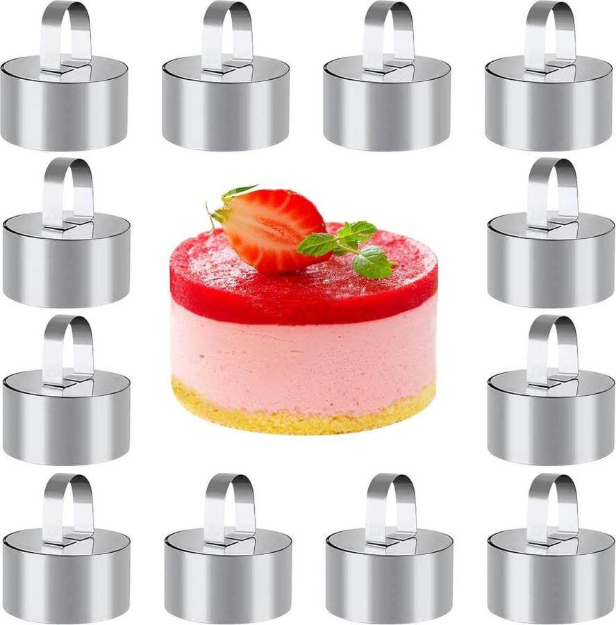 Mini-taartring 12 stuks Ø 8 cm roestvrij stalen dessertringen en dinerringen met stamper ronde taartvorm voor mini-taarten koken pannenkoeken en koekjes