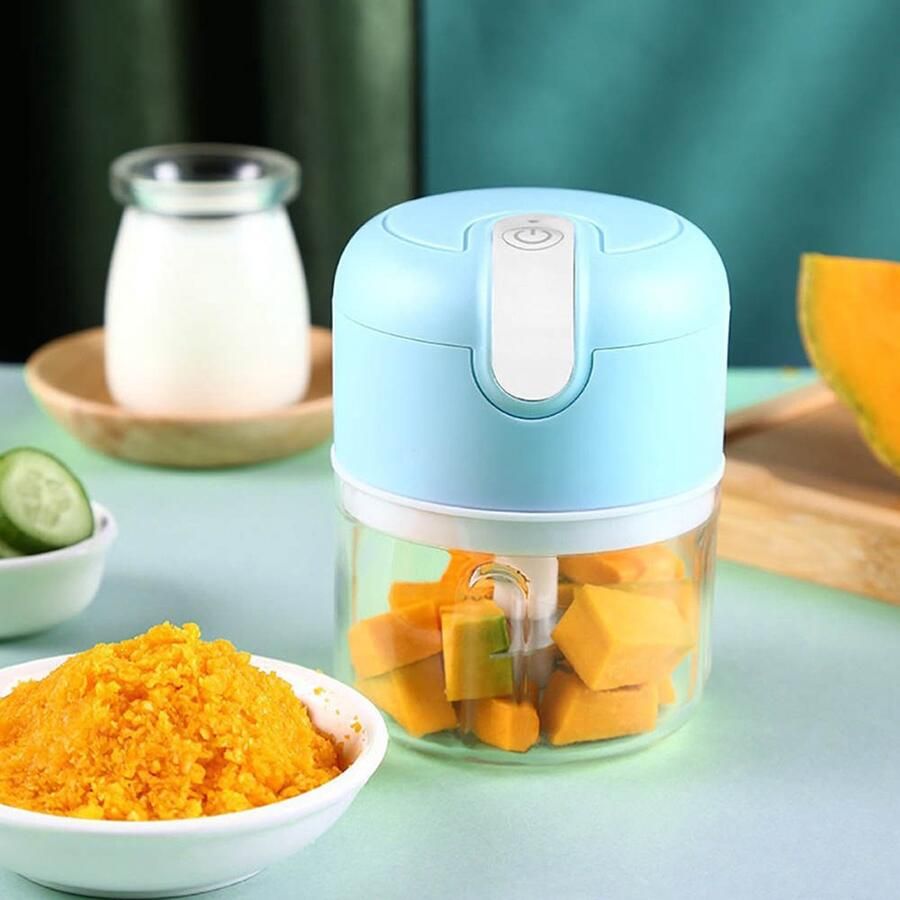 Mini USB Hakmolen Elektrisch Foodprocessor Hakmolens Uiensnijder vaatwasser bestendig Chopper RVS Messen LICHTBLAUW 250 ml