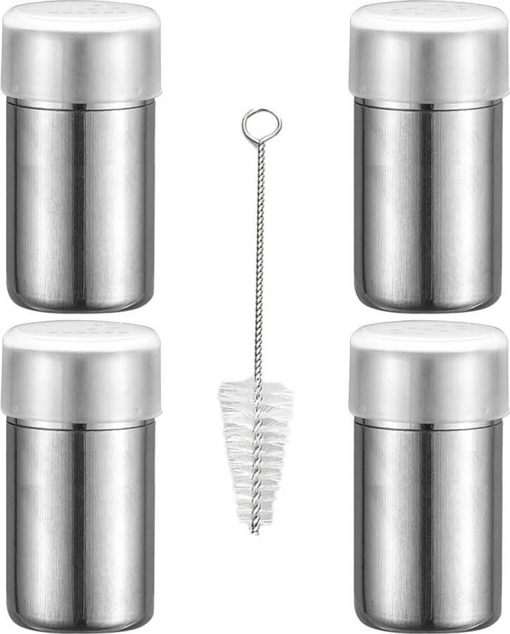 Mini-zoutshaker van 25 x 48 mm roestvrij staal met deksel en reinigingsborstel 4 stuks ideaal voor poedersuiker S P-vormige gaten voor bentobox barbecue en camping Zoutvaatje