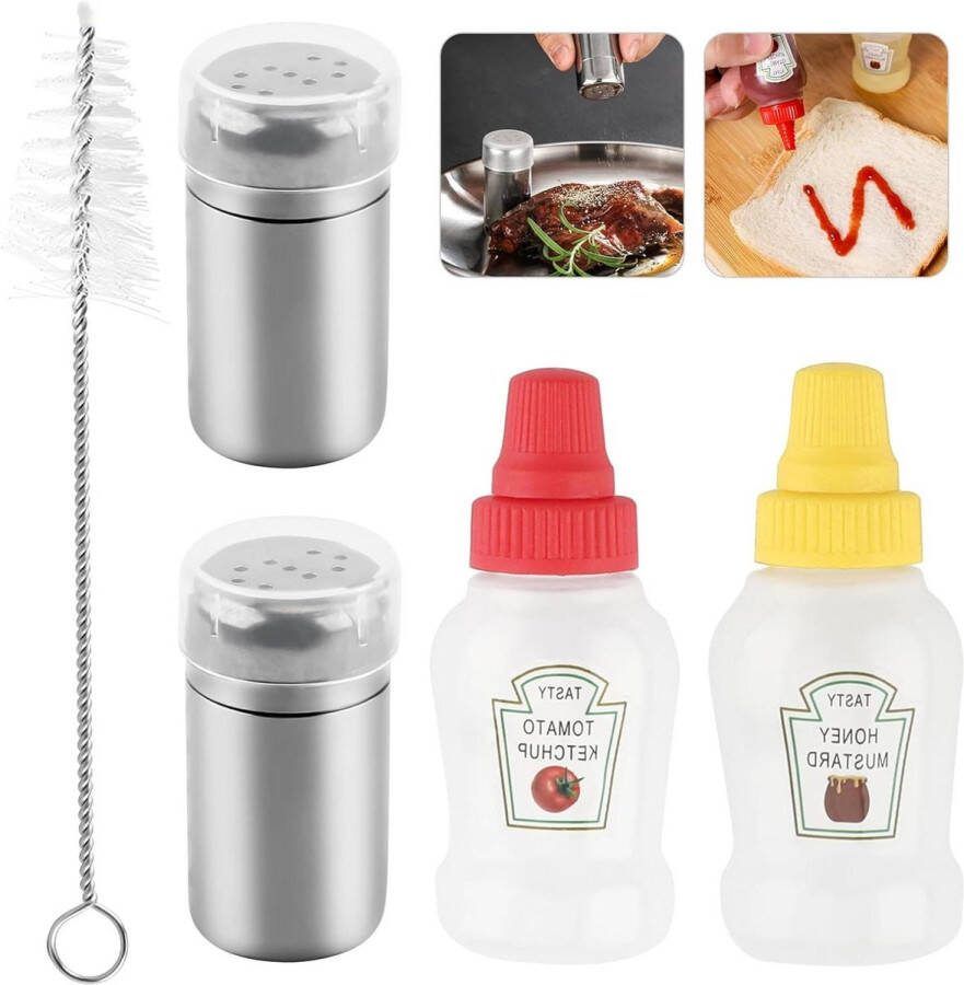Mini-Zoutvaatjes Roestvrij Staal Set van 4 Mini-Kruidenstrooier voor Onderweg Zoutvaatje met Deksel Bento Box Camping Zout en Pepervaatjes Zoutvaatje