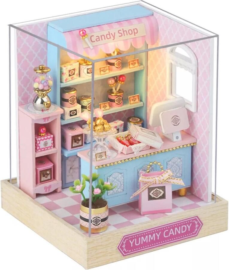 Miniatuur Bouwpakket Volwassenen candy shop snoep winkel Studio Modelbouw Knutselen – Poppenhuis DIY Dollhouse leuk voor de donkere dagen